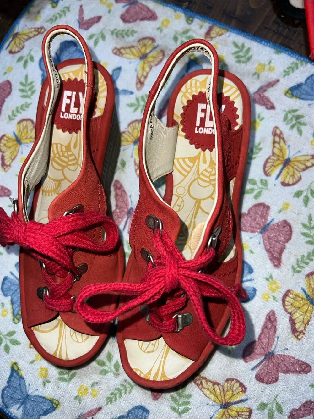 Fly London Ylfa Scarlet Red Leather Lace up Comfort Wedge Sandals Shoes